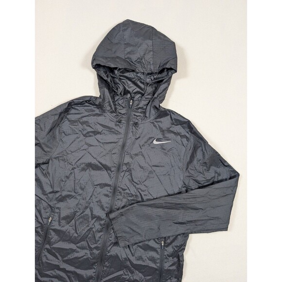 Nike Running Jacket Womens Small Black Hooded Windbreaker Reflective Jogging - Picture 1 of 8